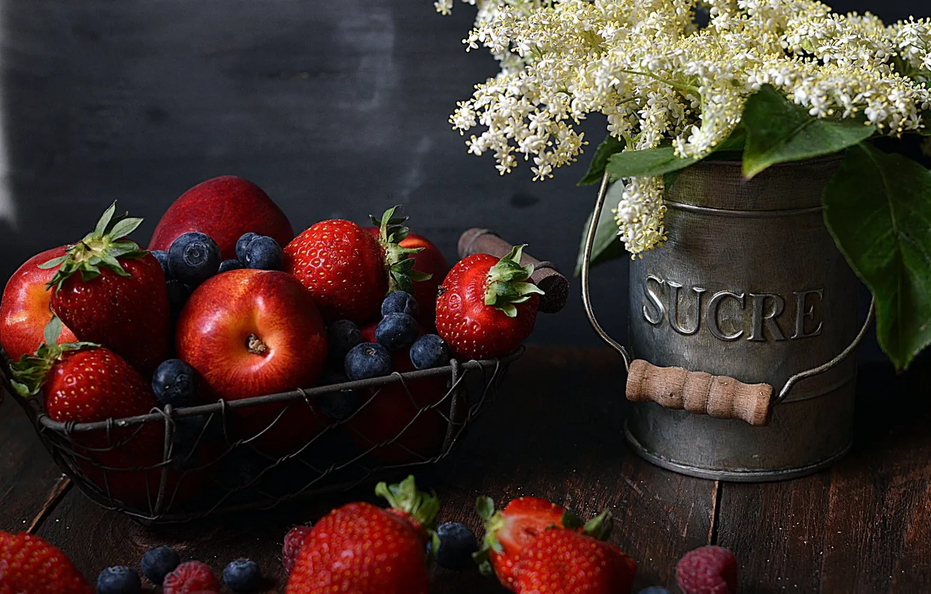 Photo wallpaper flowers, berries, bouquet, fruit, still life
