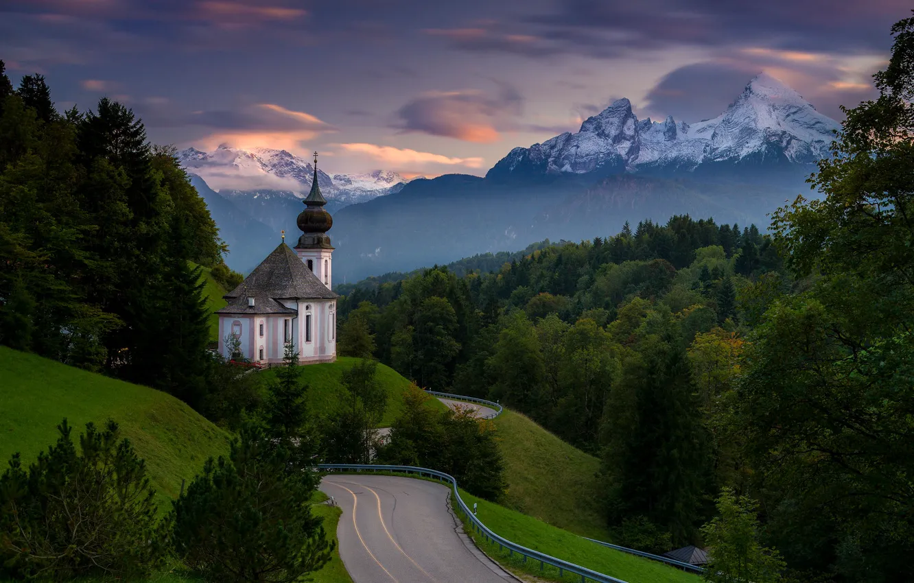 Photo wallpaper road, forest, mountains, Germany, Bayern, Church, Germany, Bavaria, Bavarian Alps, The Bavarian Alps, Berchtesgaden, Berchtesgaden, …
