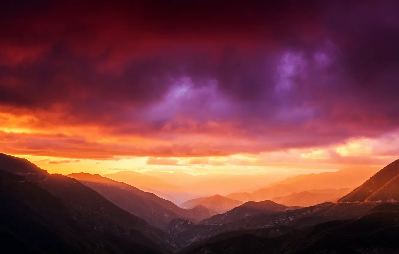 Photo wallpaper Clouds, Sunset, Mountains, Colors, Backgraund, Beams