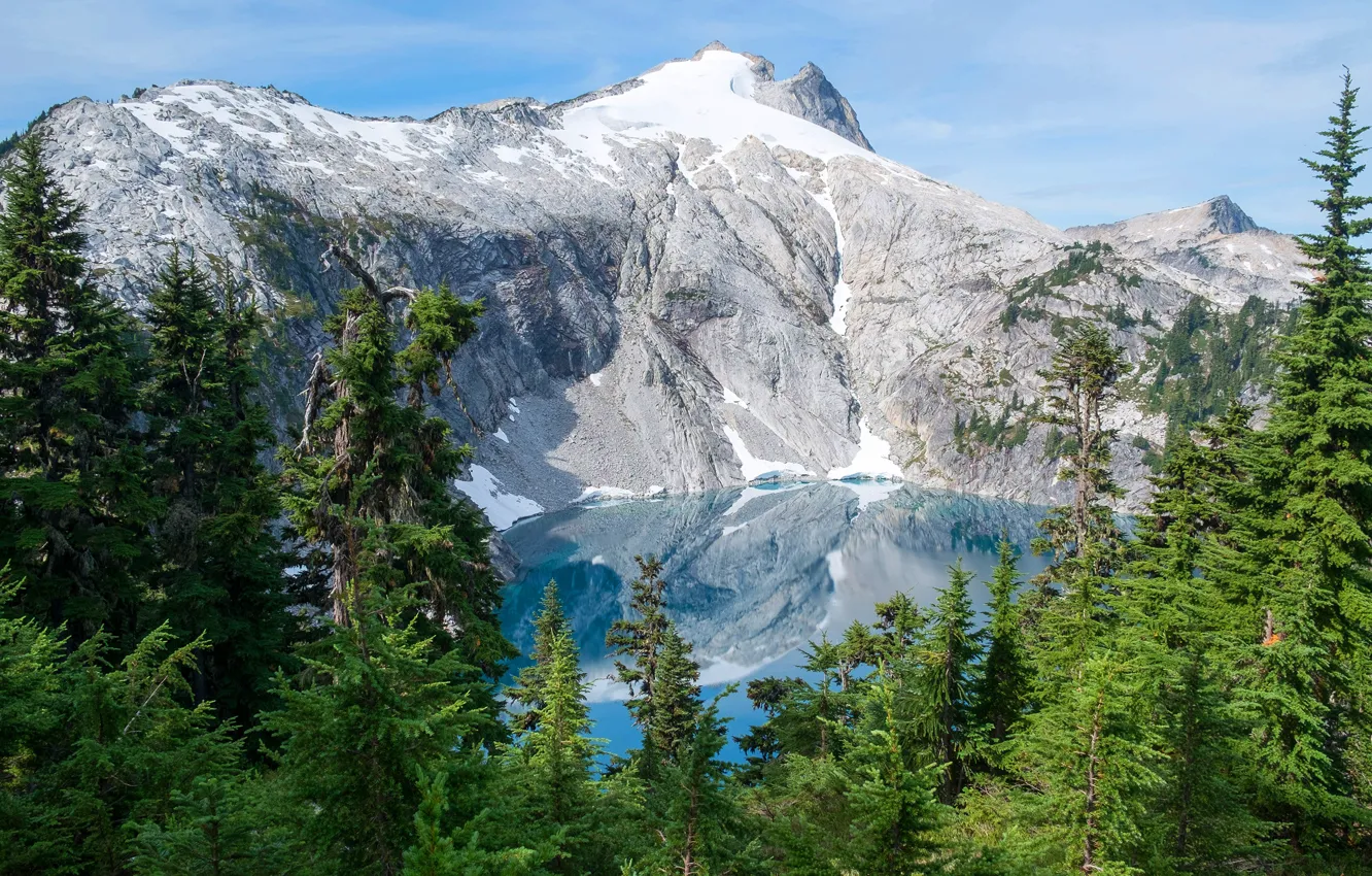 Photo wallpaper greens, forest, the sky, the sun, snow, trees, mountains, lake, rocks, USA, Mount Rainier National …