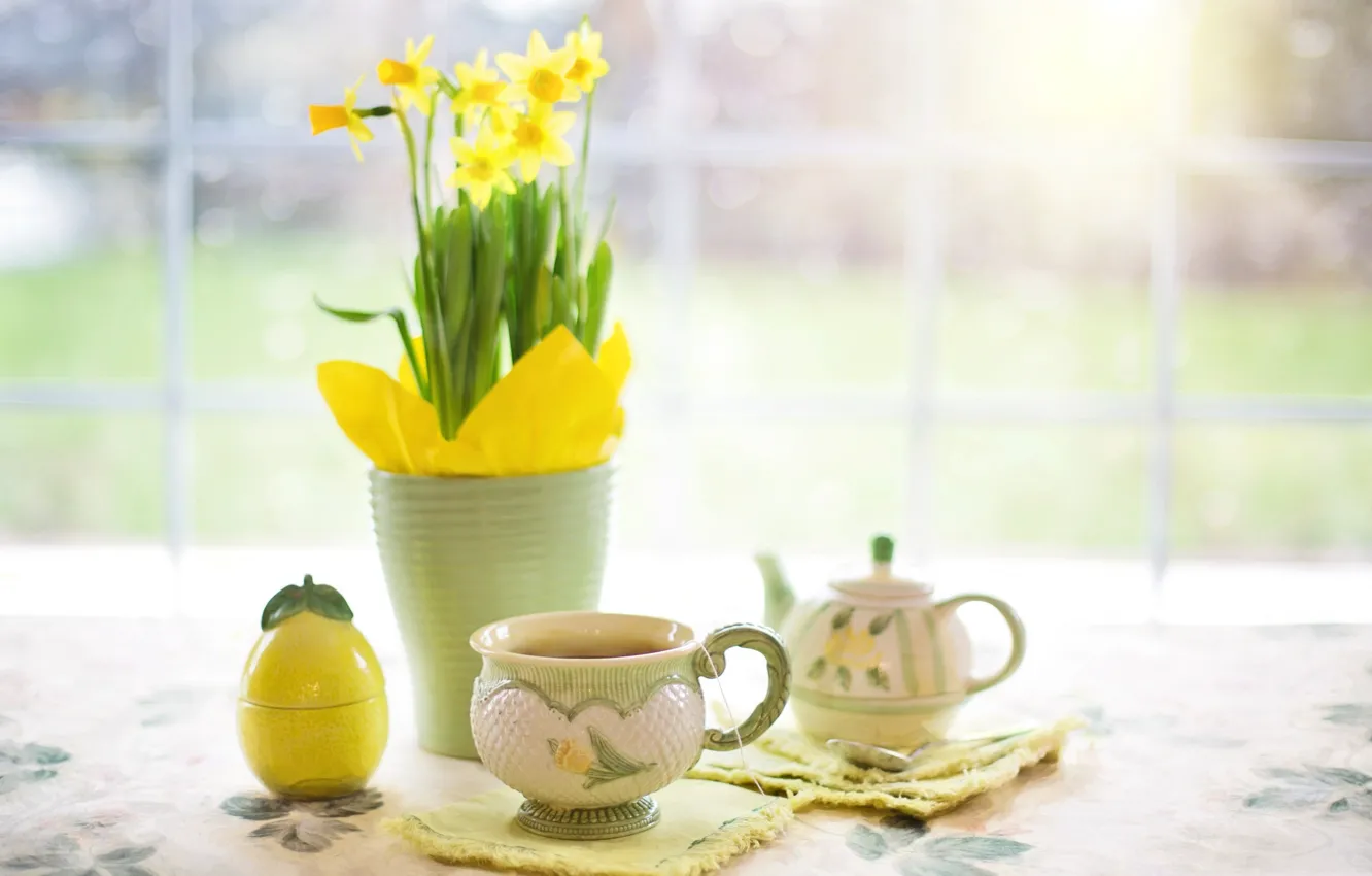 Photo wallpaper flowers, table, tea, kettle, Cup, vase, still life, Narcissus