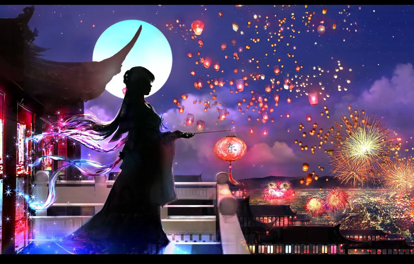Photo wallpaper the sky, girl, night, roof, silhouette, balcony, yukata, the full moon, fireworks, lanterns, long hair, …