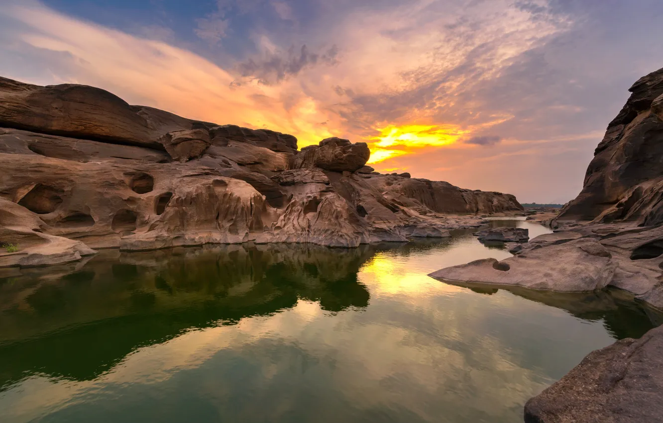 Photo wallpaper sunset, river, stones, rocks, Thailand, river, nature, stone, sunset, park, beautiful, grand canyon, Sampanbok