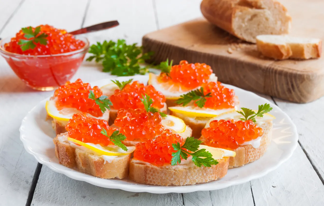 Photo wallpaper table, plate, bread, Board, red, caviar, bokeh, sandwiches
