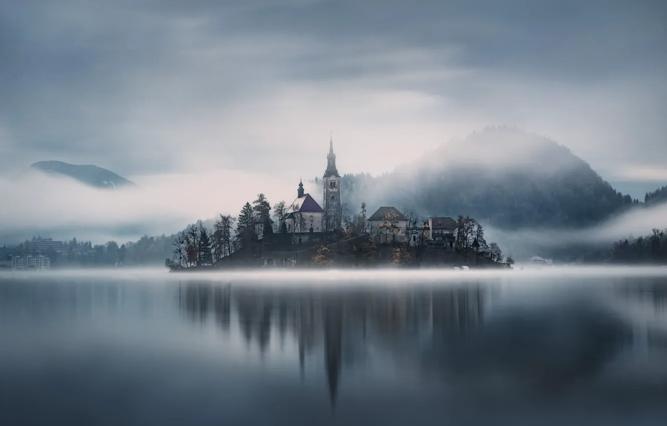 Photo wallpaper mountains, fog, lake, island, Slovenia, Bled lake