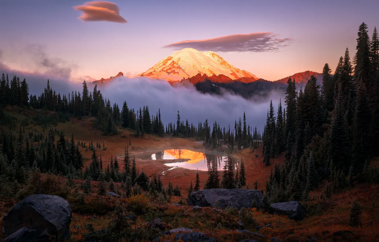 Photo wallpaper forest, the sky, light, fog, lake, reflection, mountain, morning, USA, national Park, Washington, The cascade …
