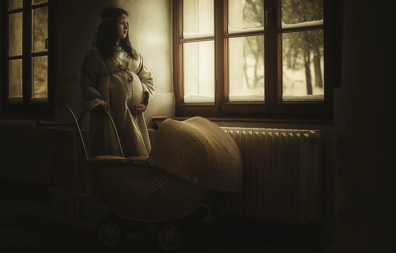 Photo wallpaper girl, stroller, waiting, pregnancy