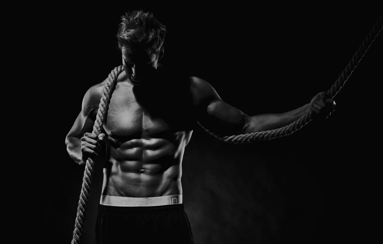 Photo wallpaper pose, black & white, rope, the cable, muscle, muscle, b...
