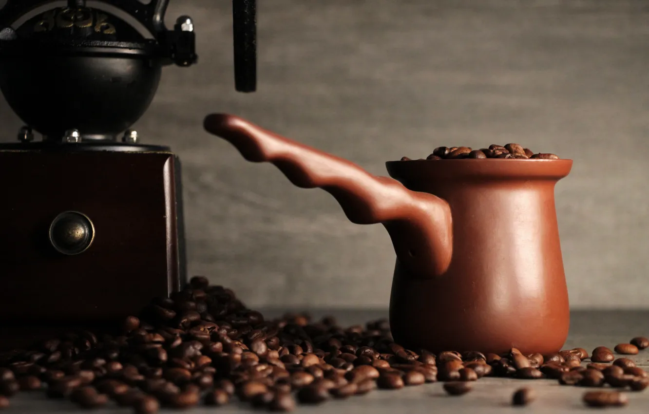 Photo wallpaper coffee, background, coffee, Turk, coffee grinder, ceramic Turk, coffee bean