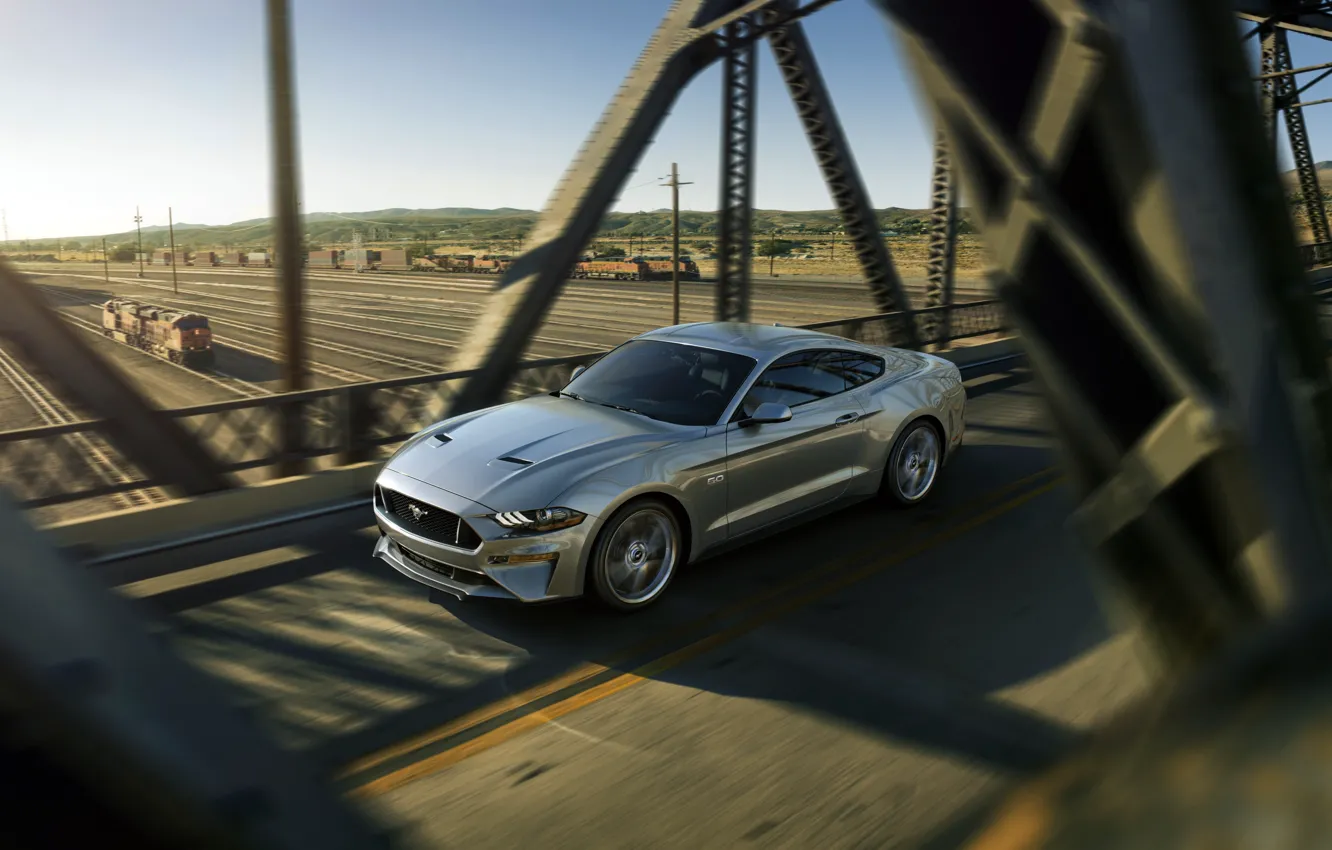 Photo wallpaper sunset, bridge, Mustang, Ford, Mustang, Ford