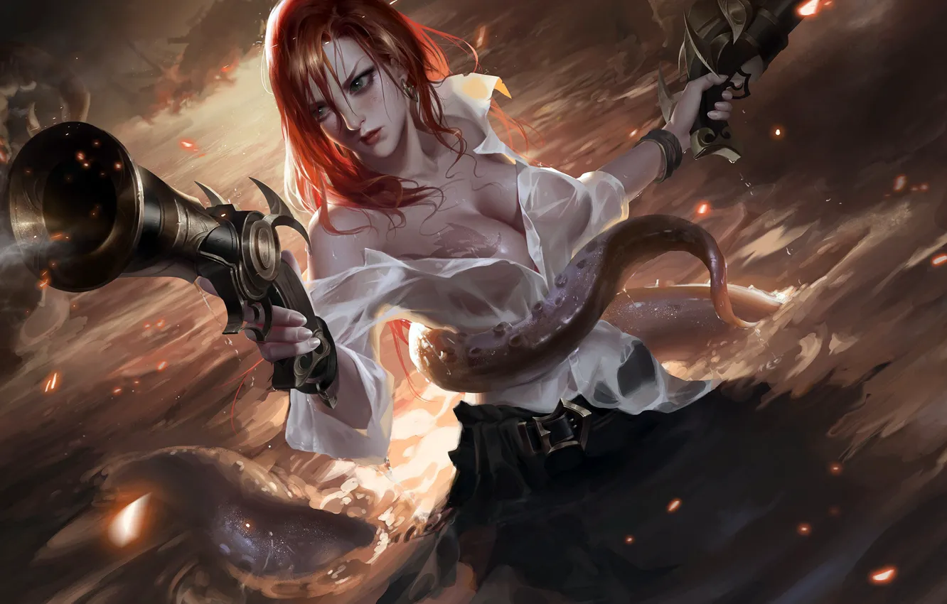 Photo wallpaper guns, girl, fantasy, game, cleavage, sea, pirate, octopus, breast, water, redhead, League of Legends, weapons, …
