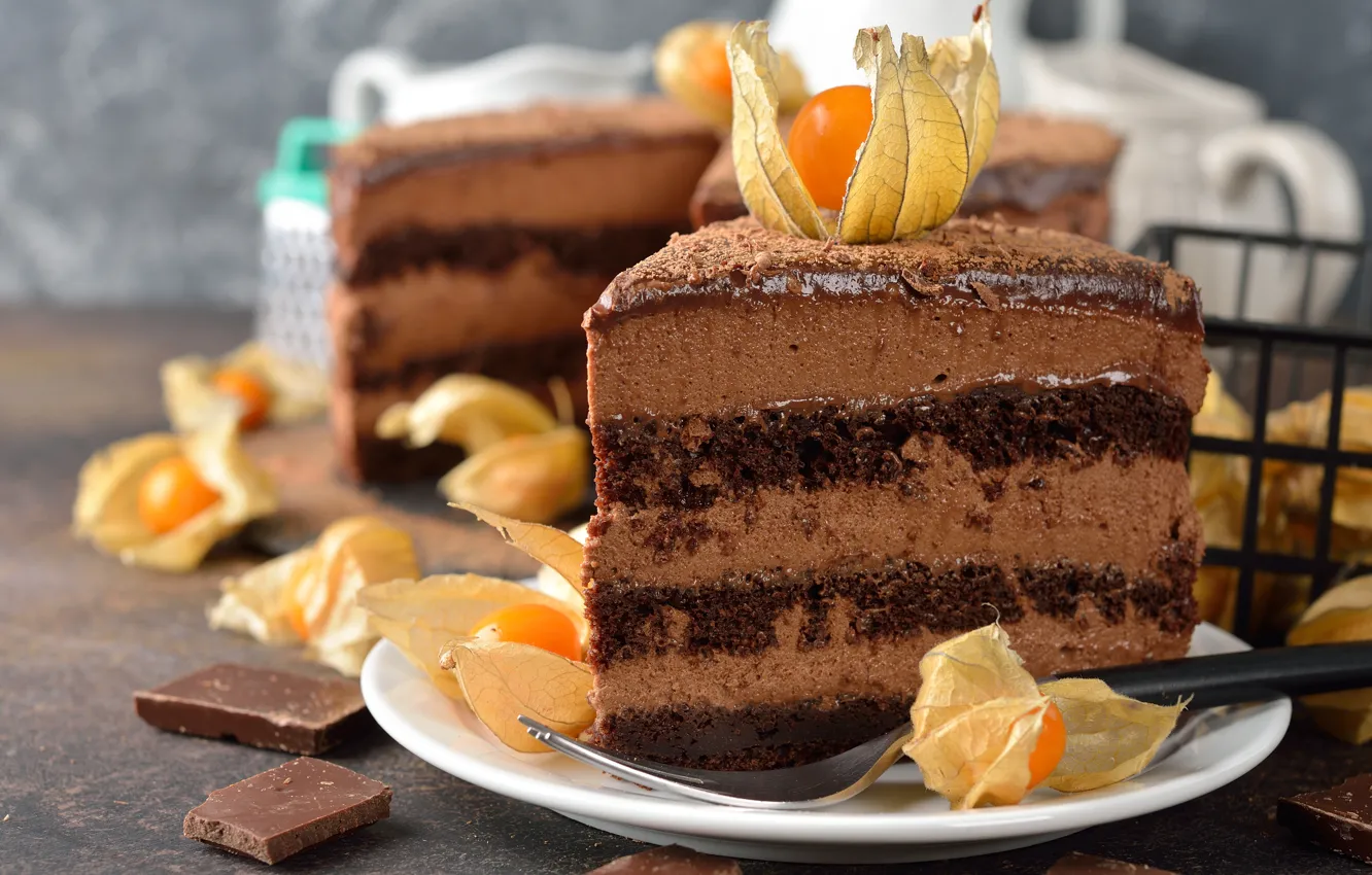 Photo wallpaper chocolate, cake, decoration, cream, dessert, a piece of cake