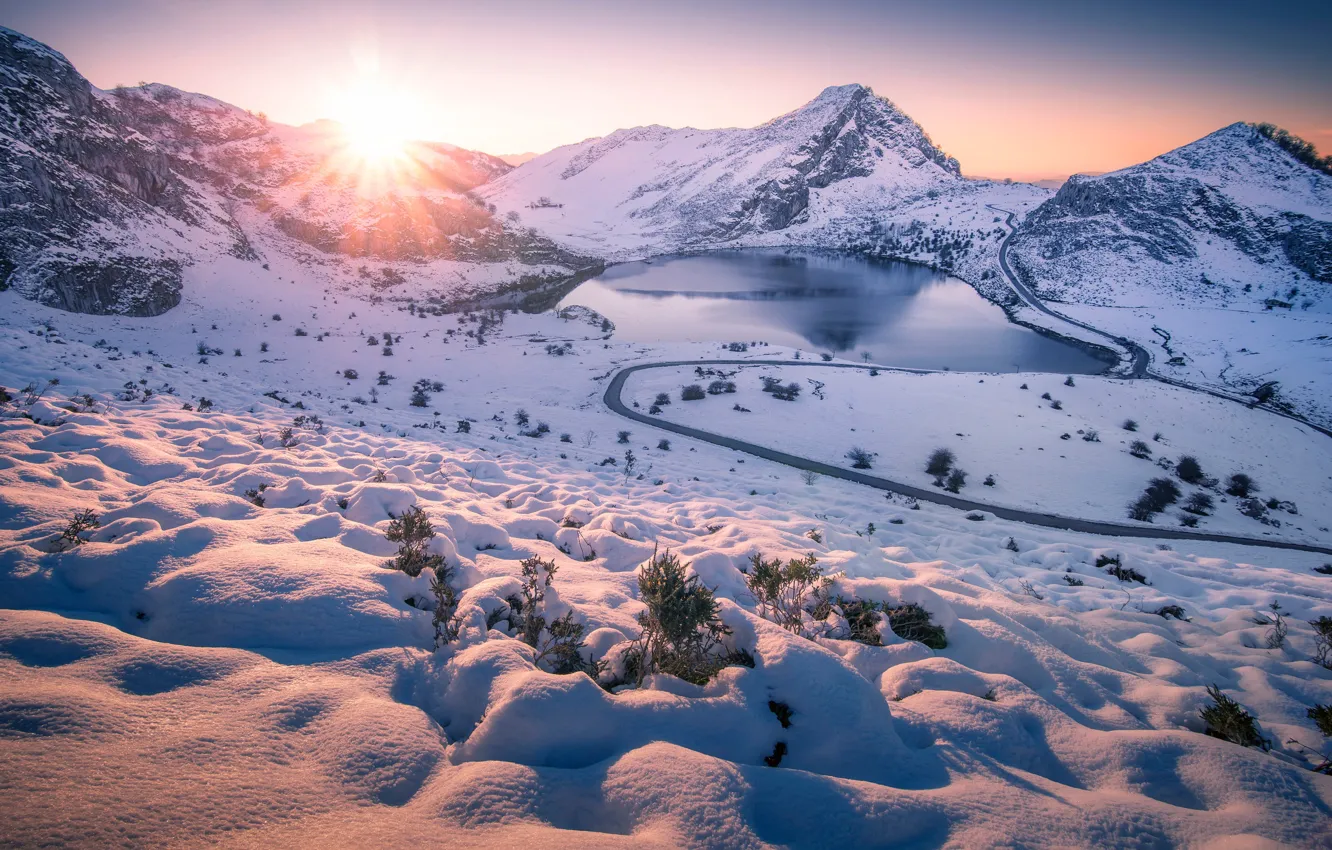 Photo wallpaper winter, road, the sun, snow, mountains, lake
