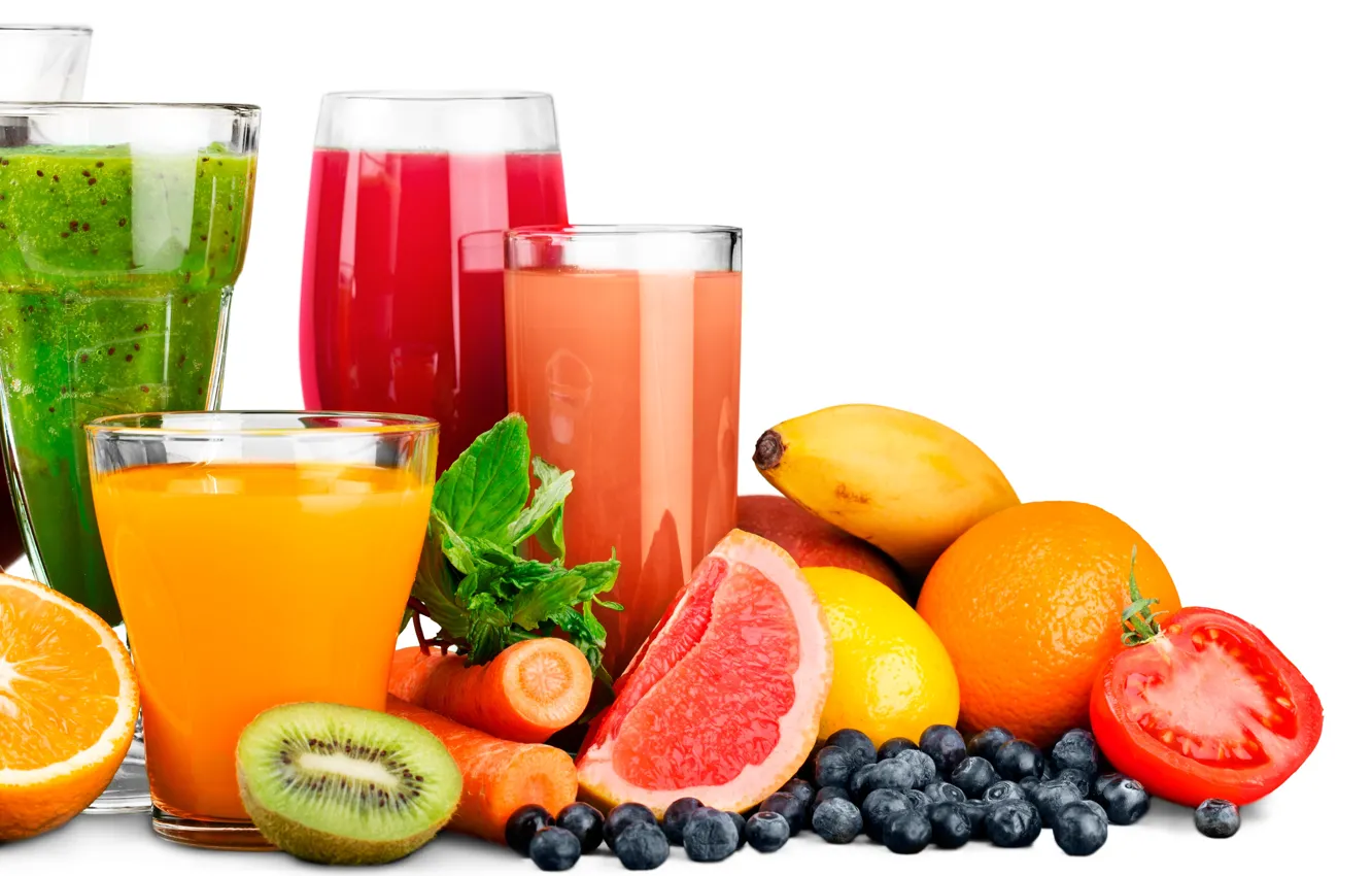 Wallpaper lemon, oranges, kiwi, blueberries, berry, white background,  glasses, fruit, banana, vegetables, tomato, carrots, juices images for  desktop, section еда - download