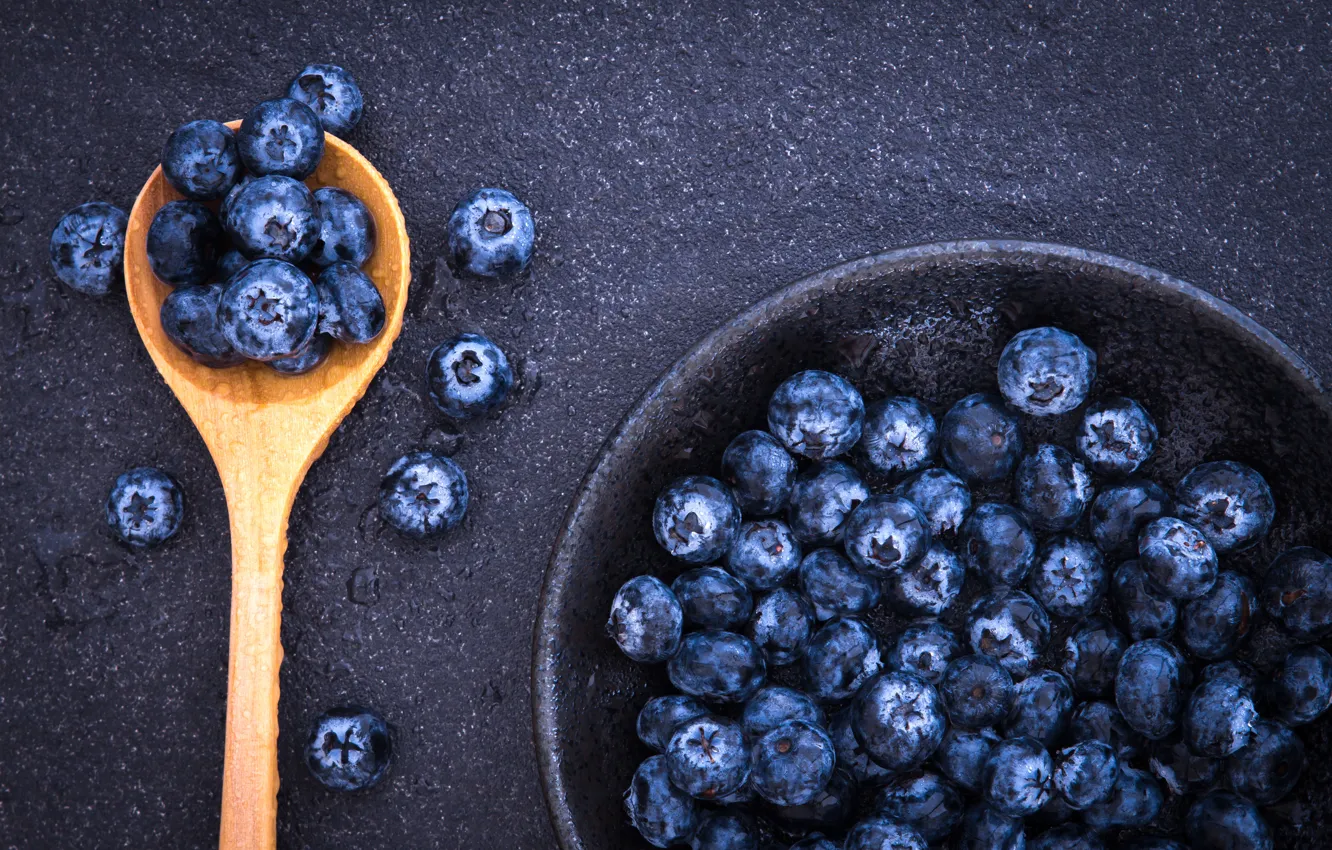 Photo wallpaper berries, blueberries, spoon, fresh, spoon, blueberry, blueberries, berries