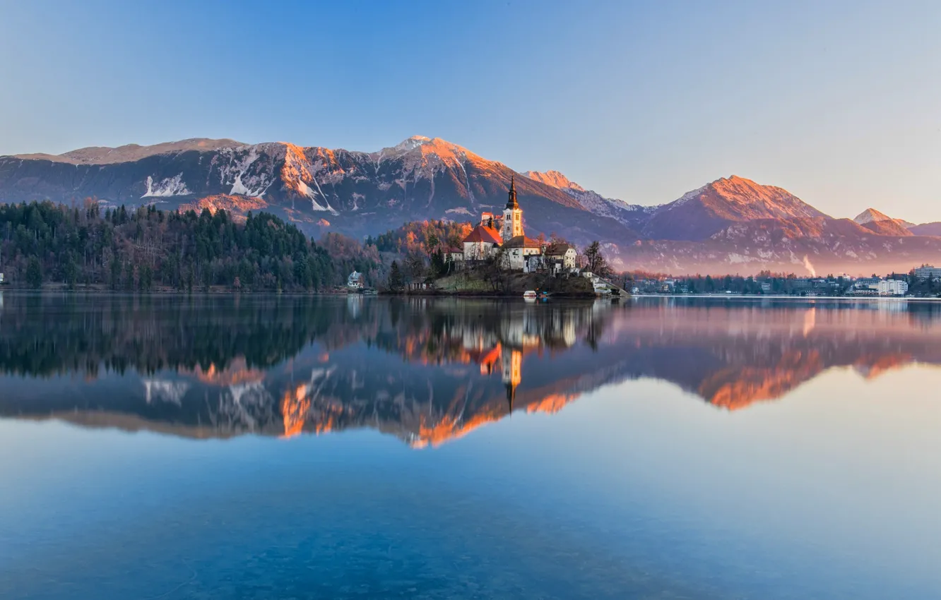 Photo wallpaper light, mountains, lake, Church, Slovenia, Bled