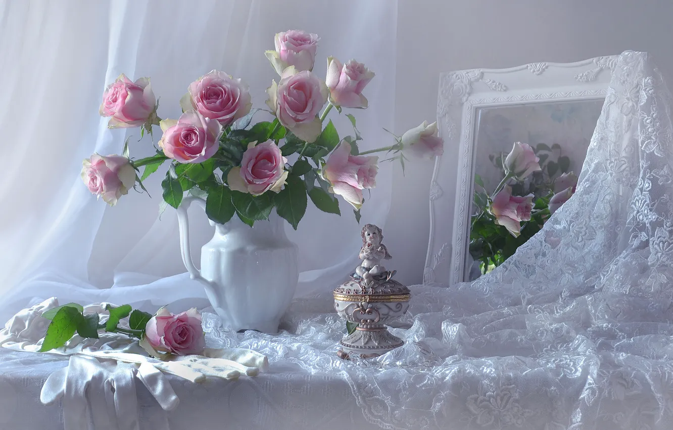 Photo wallpaper flowers, style, roses, bouquet, mirror, gloves, figurine, lace