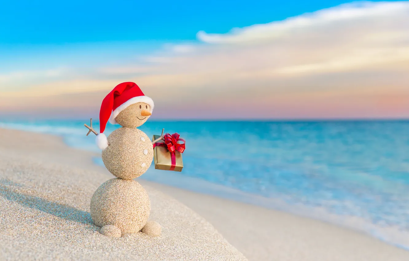 Photo wallpaper sand, sea, beach, New Year, Christmas, snowman, happy, Christmas, beach, sea, sand, New Year, Merry …
