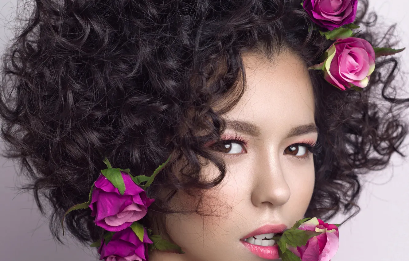 Photo wallpaper look, flowers, face, background, portrait, roses, makeup, brunette, hairstyle, beauty