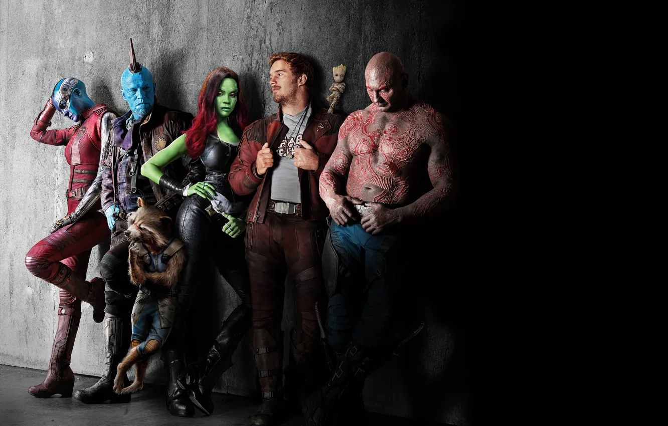 Photo wallpaper Nebula, Zoe Saldana, Rocket Raccoon, Gamora, Groot, Drax, Star Lord, The Destroyer, Guardians Of The …