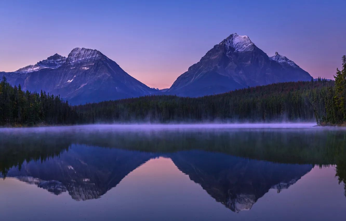 Photo wallpaper forest, sunset, mountains, lake, reflection, tops, Canada, Albert, Alberta, Canada, Jasper National Park, Jasper national …