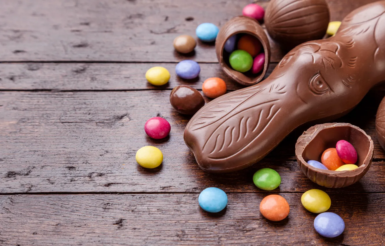 Photo wallpaper chocolate, eggs, colorful, rabbit, candy, Easter, wood, chocolate, spring, Easter, eggs, bunny, candy, decoration, Happy