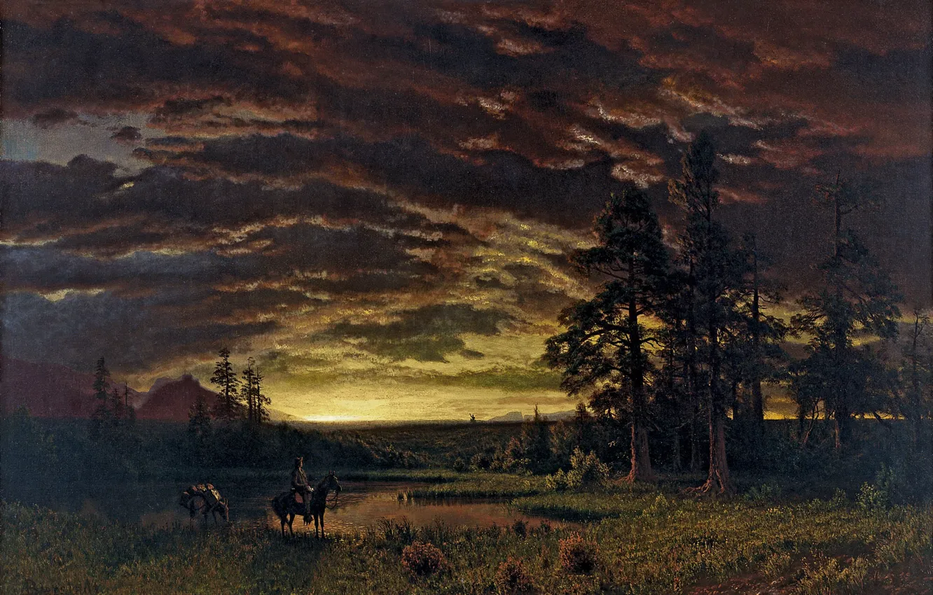 Photo wallpaper landscape, nature, art, Albert Bierstadt, Albert Bierstadt, Evening on the Prairie