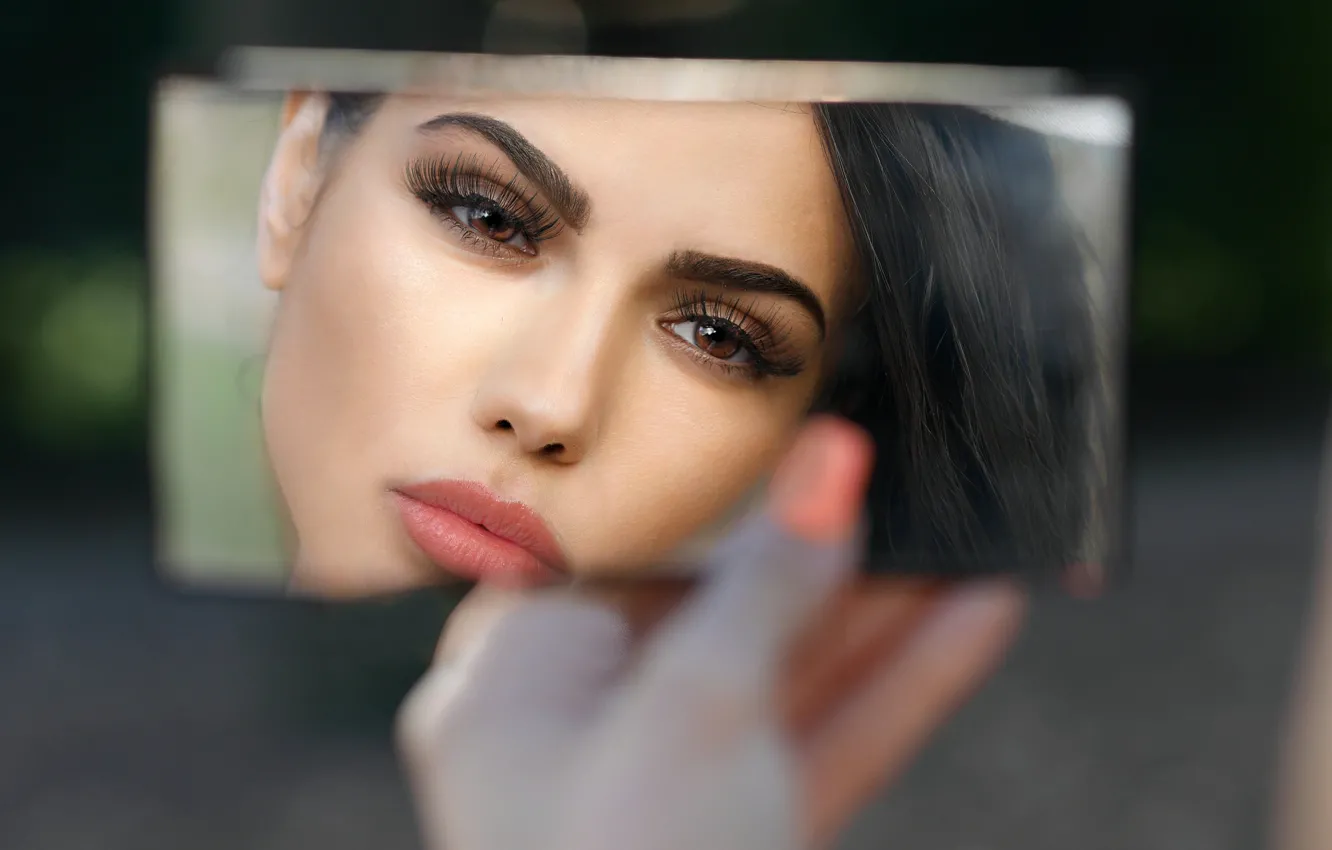 Wallpaper Girl, Beautiful, Brunette, Mirror, Lips, Reflection, Eye images  for desktop, section девушки - download