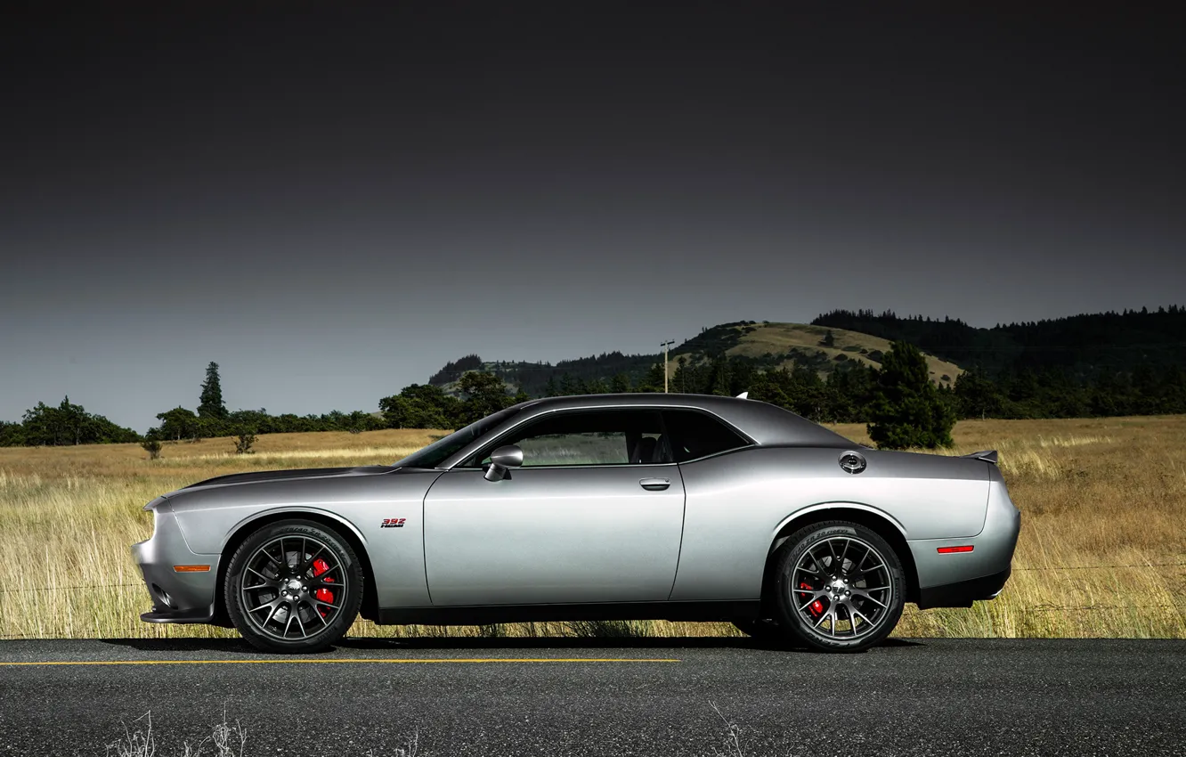 Photo wallpaper Field, Road, Machine, Classic, Dodge, Challenger, Drives, Side View