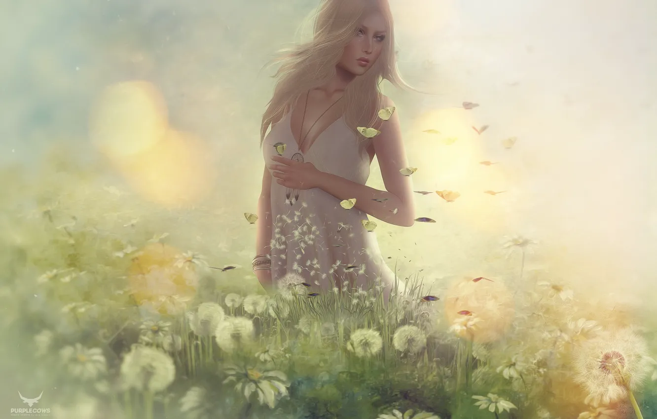 Photo wallpaper girl, meadow, blonde, dandelions