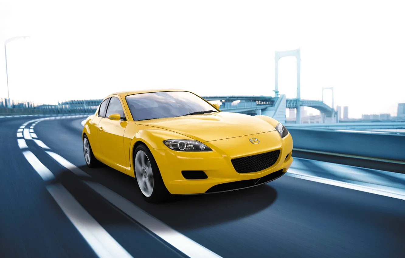 Photo wallpaper Auto, Road, The city, Speed, Yellow, Mazda, Mazda RX 8