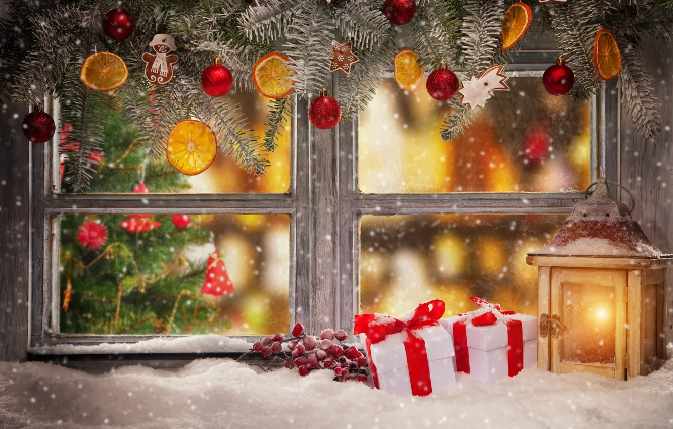 Photo wallpaper winter, snow, decoration, New Year, window, Christmas, gifts, Christmas, winter, snow, window, Merry Christmas, Xmas, …