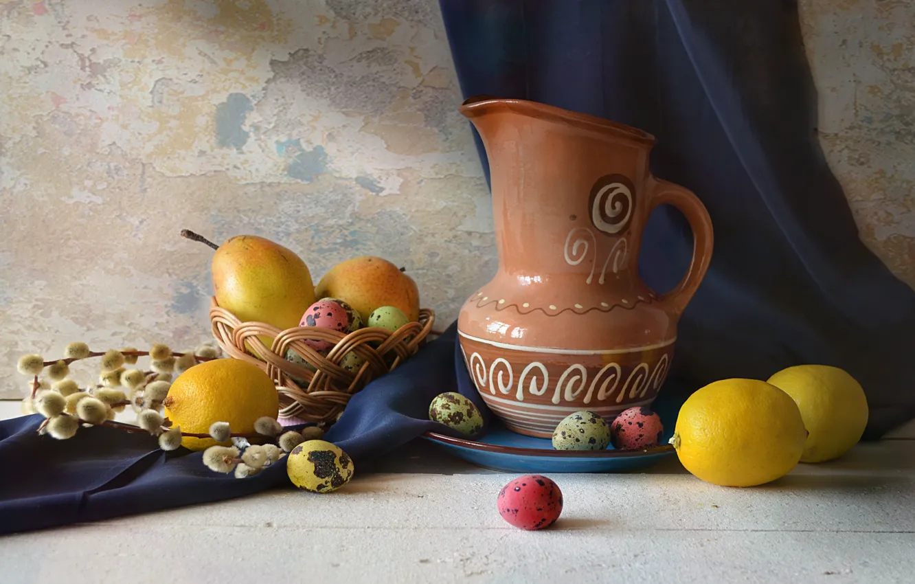 Photo wallpaper table, holiday, egg, Easter, pitcher, basket, pear, Verba, lemons, Still life, drape