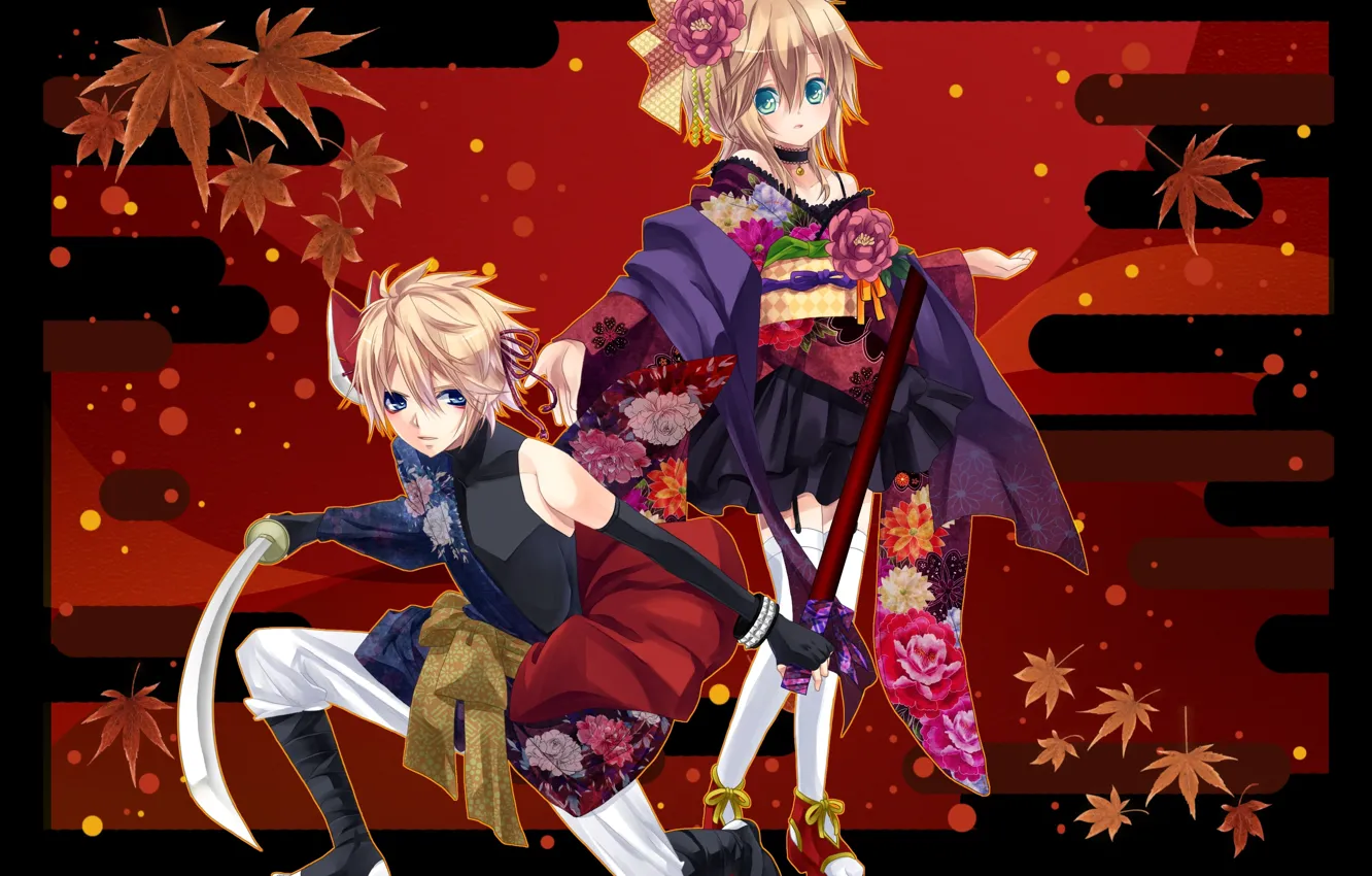 Photo wallpaper flowers, sword, anime, boy, art, girl, two, Vocaloid, Vocaloid, characters