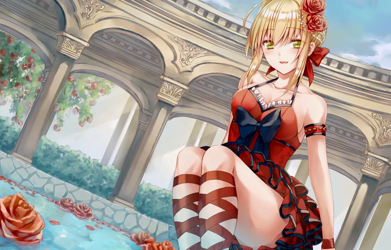 Photo wallpaper girl, pool, Fate/Stay Night, dress, anime, flowers, blonde, bow, roses, ribbon, yellow eyes, anime girl, …