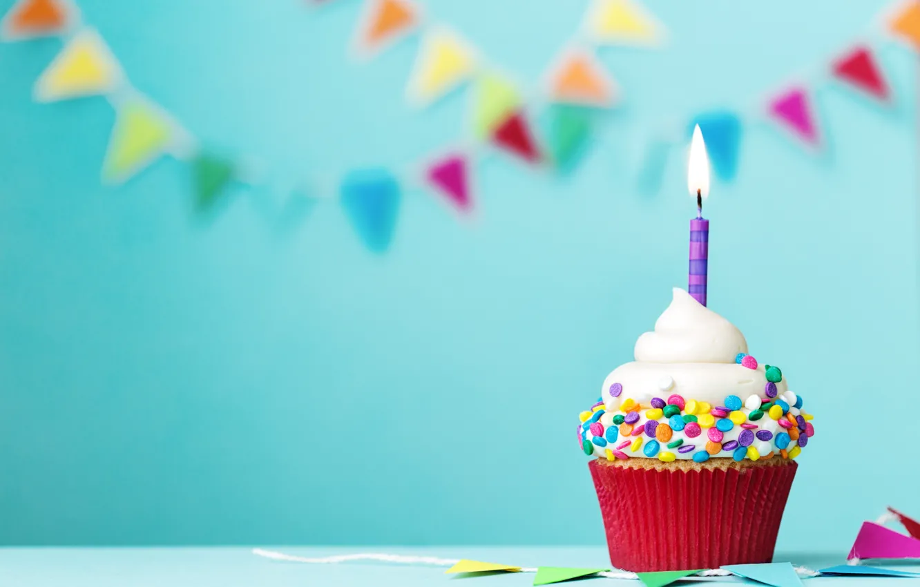 Photo wallpaper candle, colorful, cream, Happy Birthday, cupcake, decoration, Birthday, cupcake, holiday celebration