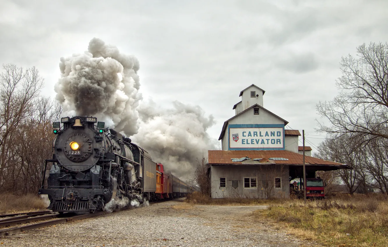 Photo wallpaper smoke, steam, truck, train, railway, railroad, Pere Marquette 1225, Carland Elevator