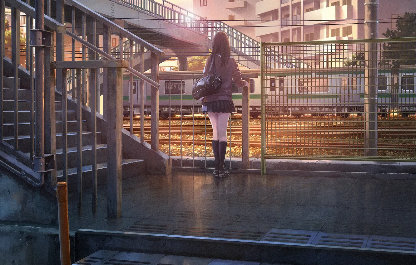 Photo wallpaper girl, bridge, the city, sunrise, the fence, building, train, skirt, morning, ladder, bag, knee, school …