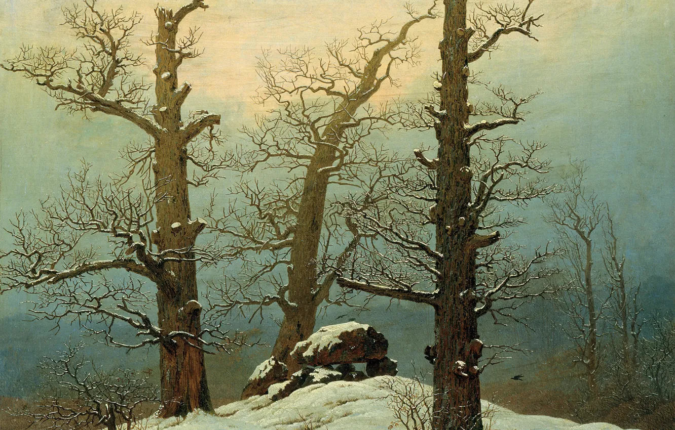 Photo wallpaper winter, trees, landscape, stones, picture, Caspar David Friedrich, Dolmen in the Snow