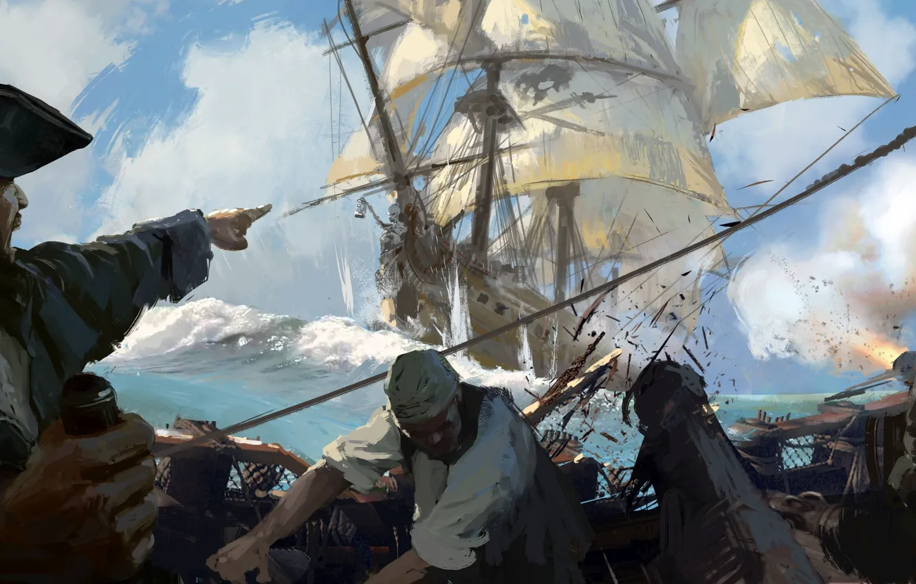 Photo wallpaper game, sea, pirate, hat, man, ship, sails, crew, kaizoku, Skull and Bones