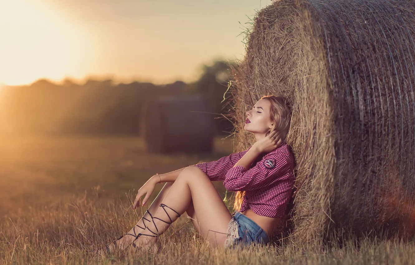 Photo wallpaper field, girl, shorts, hay, Andrea Carretta