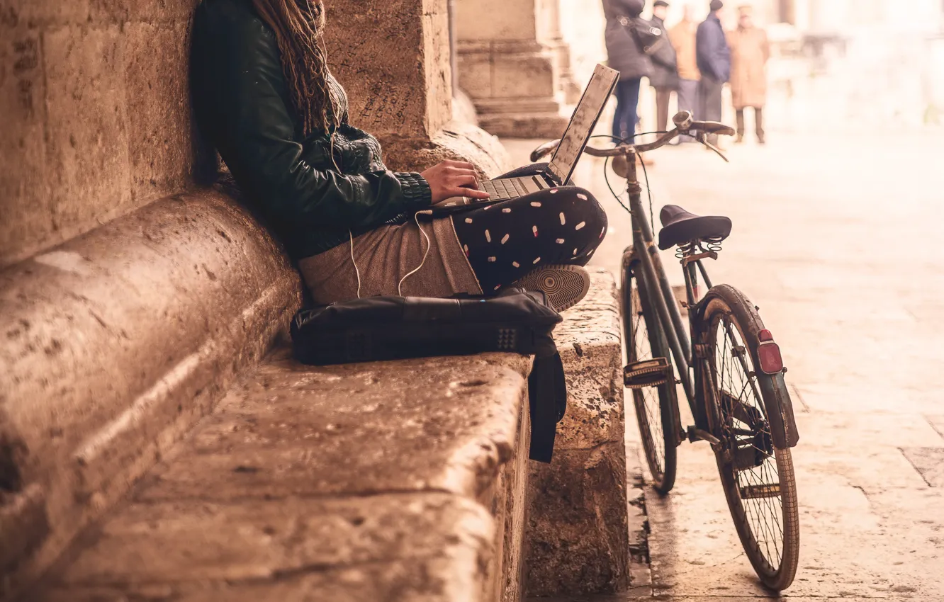 Photo wallpaper city, girl, bike, loneliness, social life