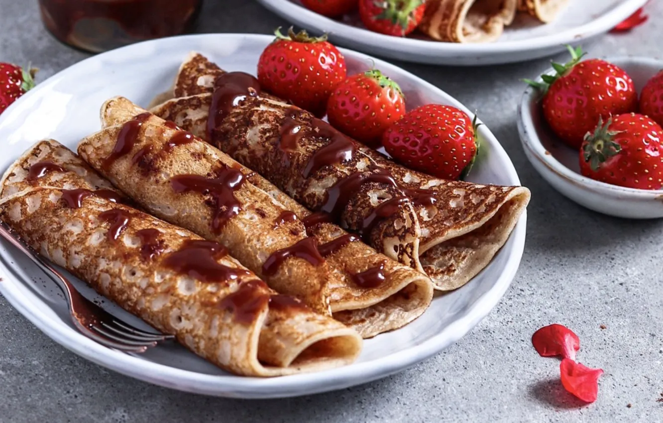 Photo wallpaper chocolate, strawberry, pancakes