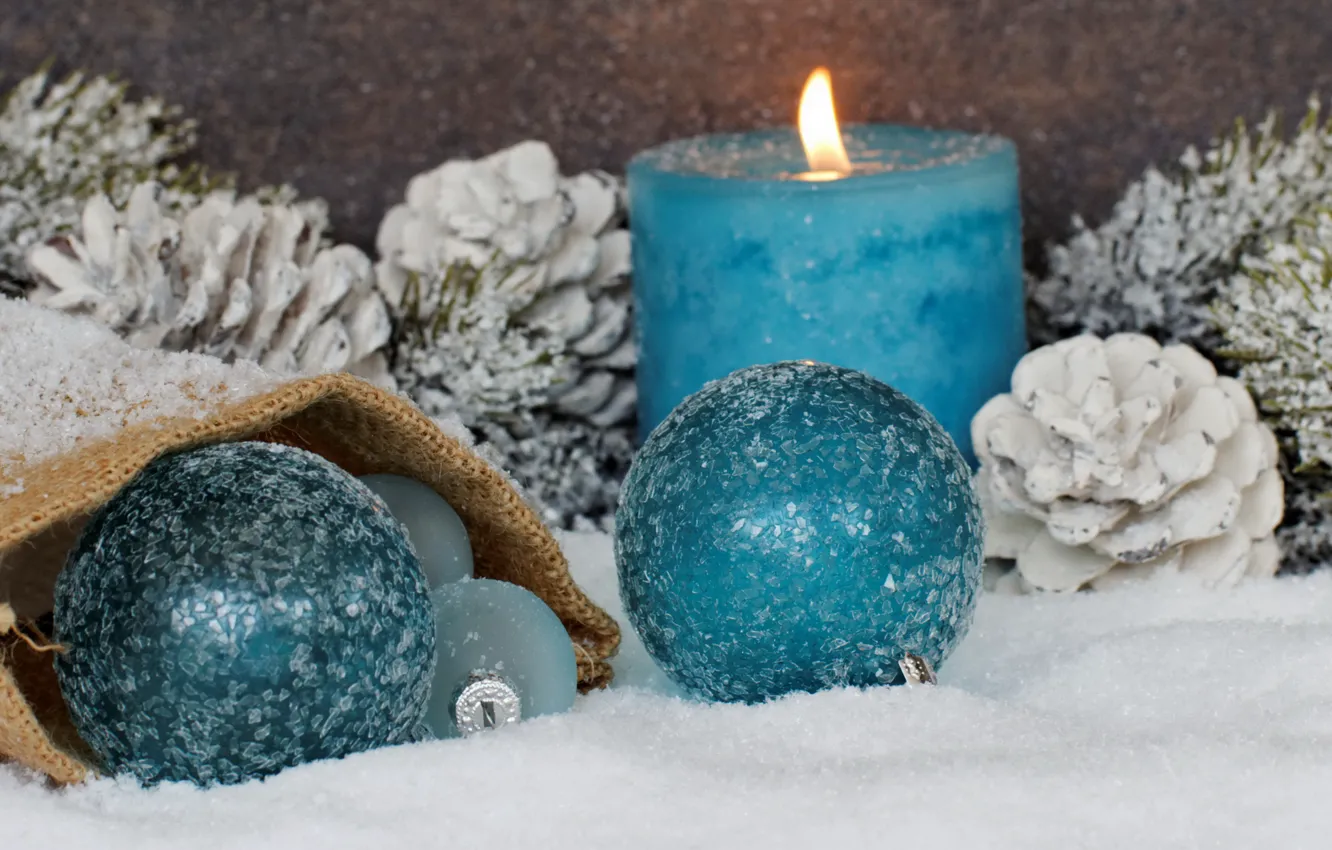 Photo wallpaper snow, balls, candles, New Year, Christmas, merry christmas, decoration, xmas, holiday celebration