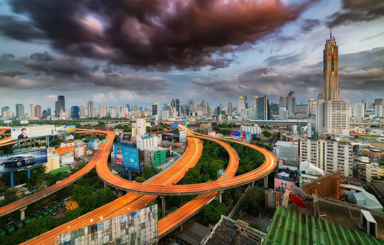 Photo wallpaper roof, clouds, the city, road, home, the evening, Thailand, Bangkok