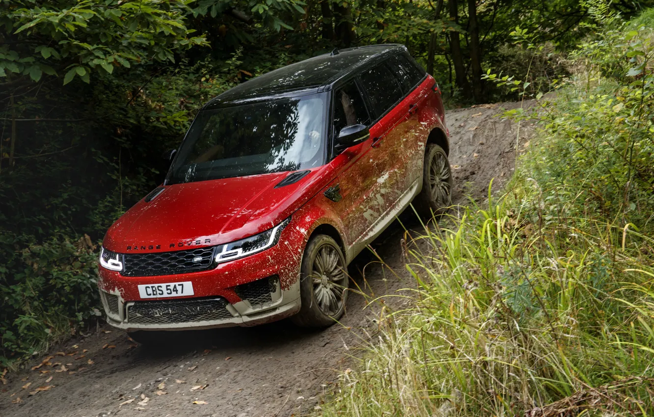 Photo wallpaper road, forest, vegetation, dirt, Land Rover, black and red, Range Rover Sport Autobiography