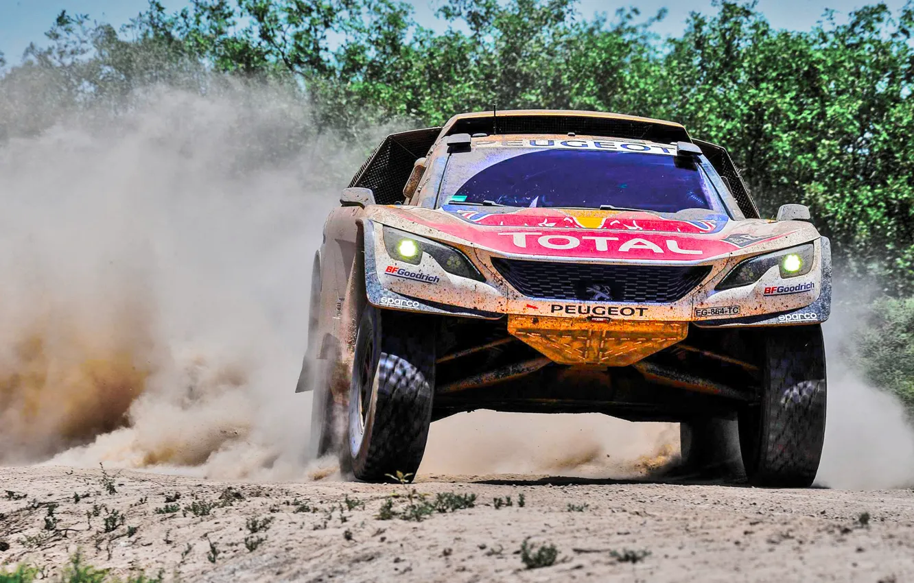 Photo wallpaper Sand, Dust, Sport, Speed, Race, Peugeot, Lights, Red Bull, Rally, Dakar, Dakar, Rally, Sport, The …