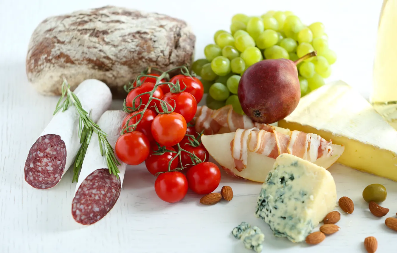 Photo wallpaper cheese, bread, grapes, pear, nuts, tomato, sausage, bacon, melon, products