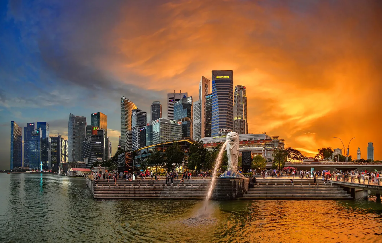 Wallpaper the sky, bridge, river, people, home, the evening, Bay, Singapore,  glow, fountain, promenade, skyscrapers, Merlion Park images for desktop,  section город - download