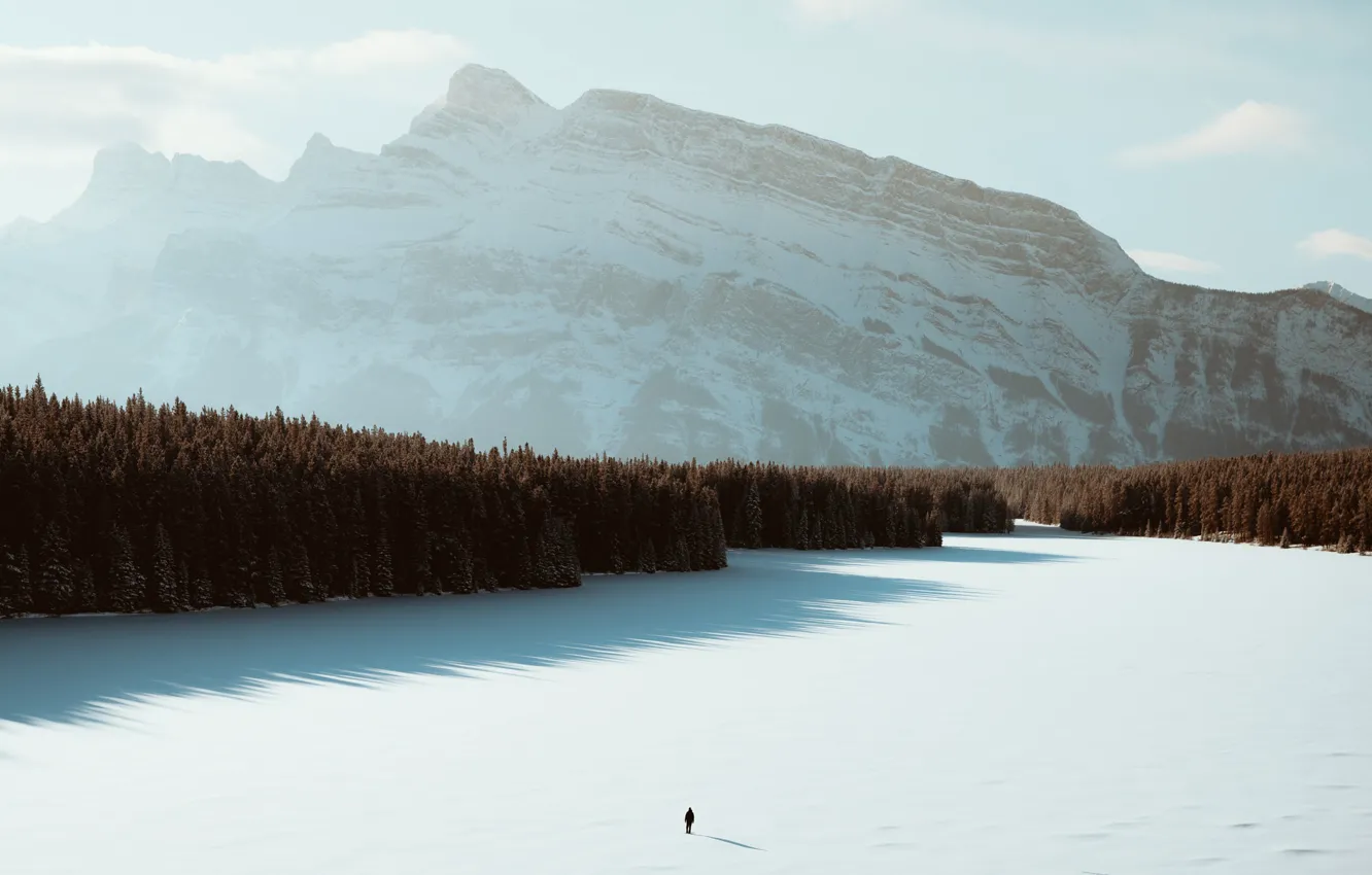 Photo wallpaper winter, forest, mountains, lake, people